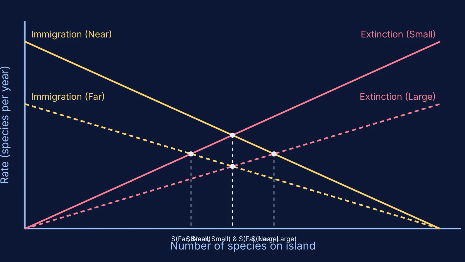 Graph showing the equilibrium point of immigration and extinction rates on an island
