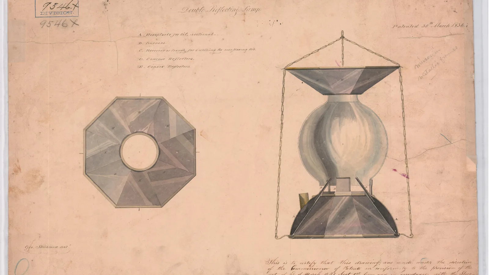 Hand-coloured 1836 patent drawing of a hanging lamp with octagonal reflectors