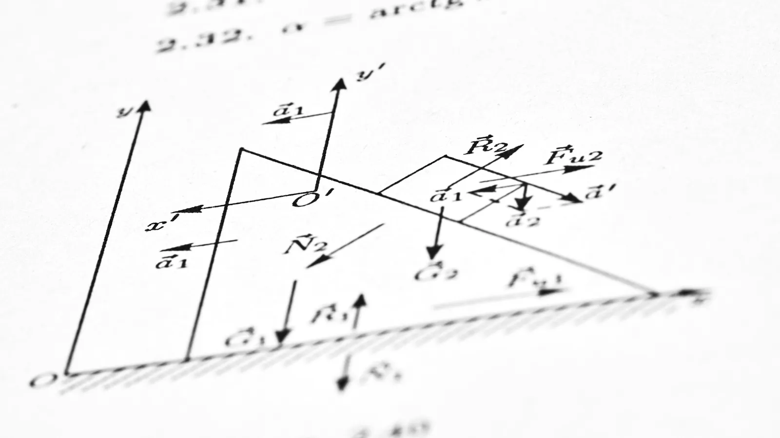 Hand-drawn force diagram with arrows on an incline