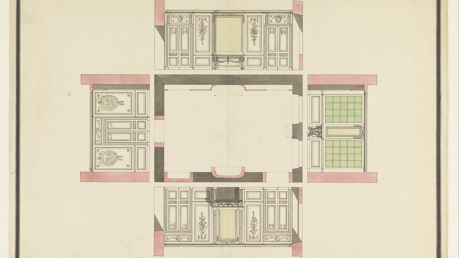 Hand-drawn room plan with its four decorated walls unfolded around it