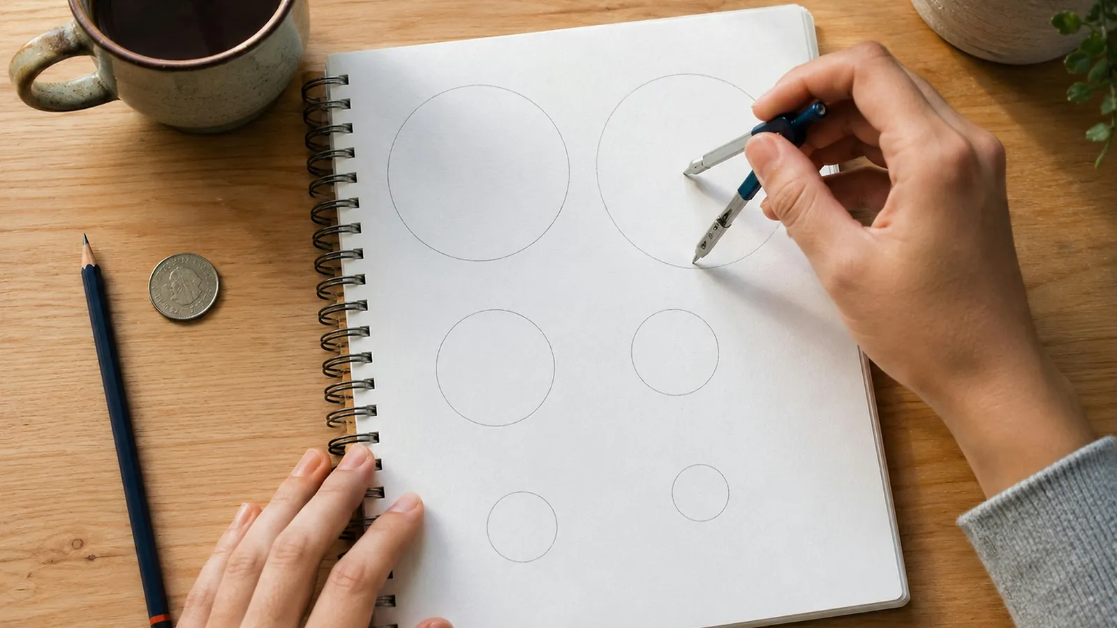 Hands drawing circles with a compass on a notebook page