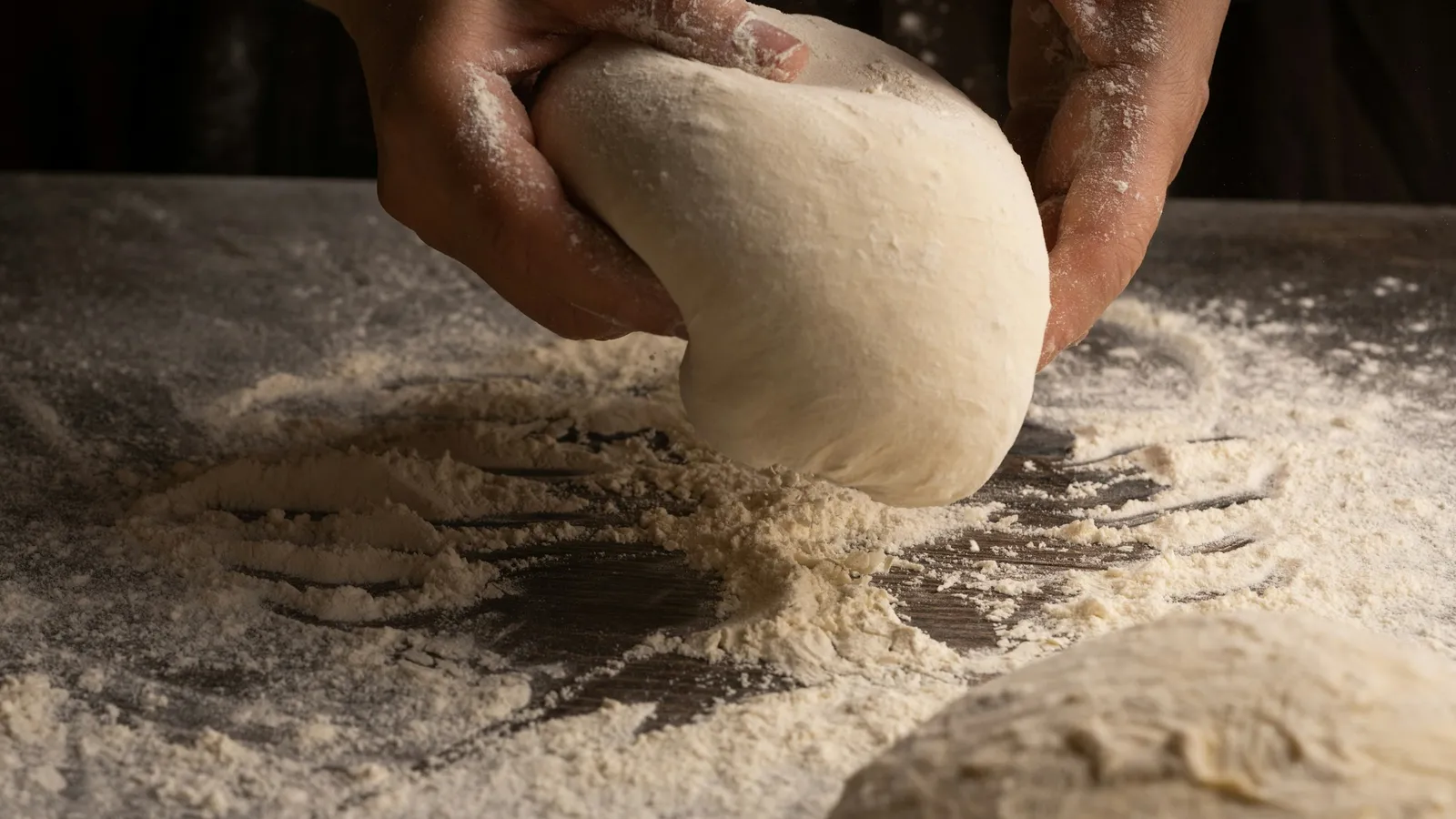 Hands kneading bread dough on a floured table