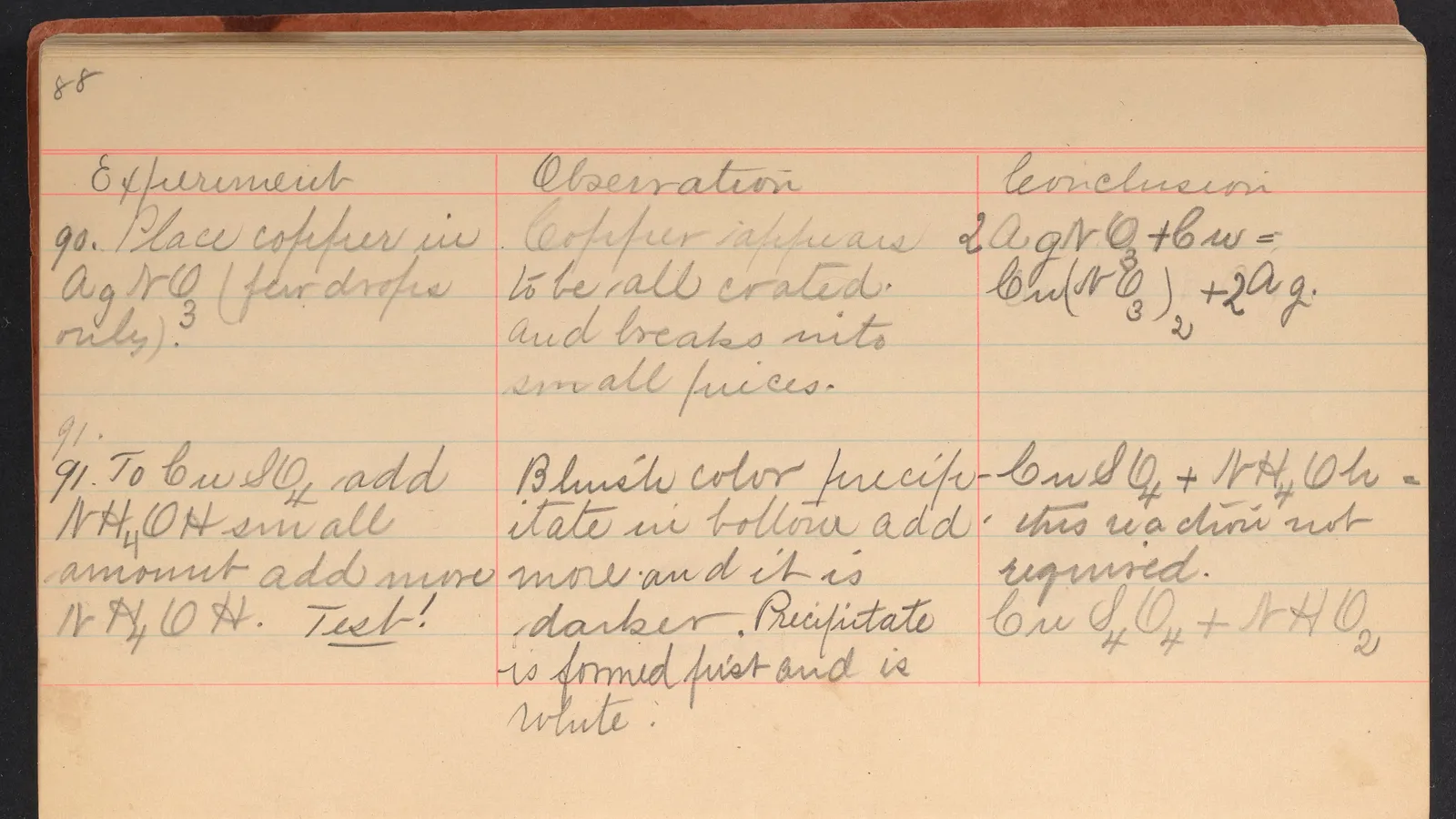 Handwritten 1886 school chemistry notebook page with experiment, observation and conclusion columns