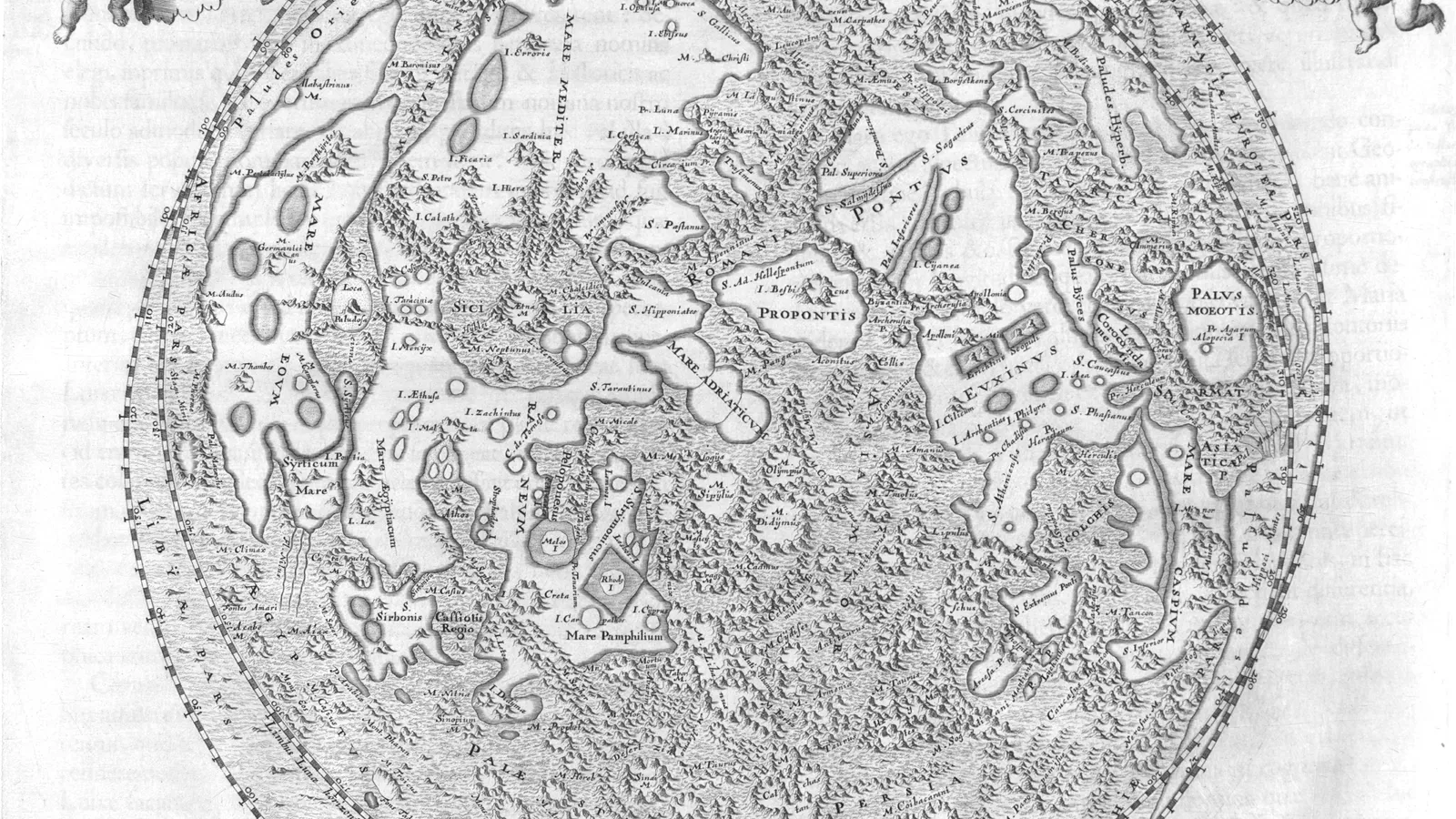 Hevelius' 1647 engraved Moon map with Latin names, double rim and cherubs