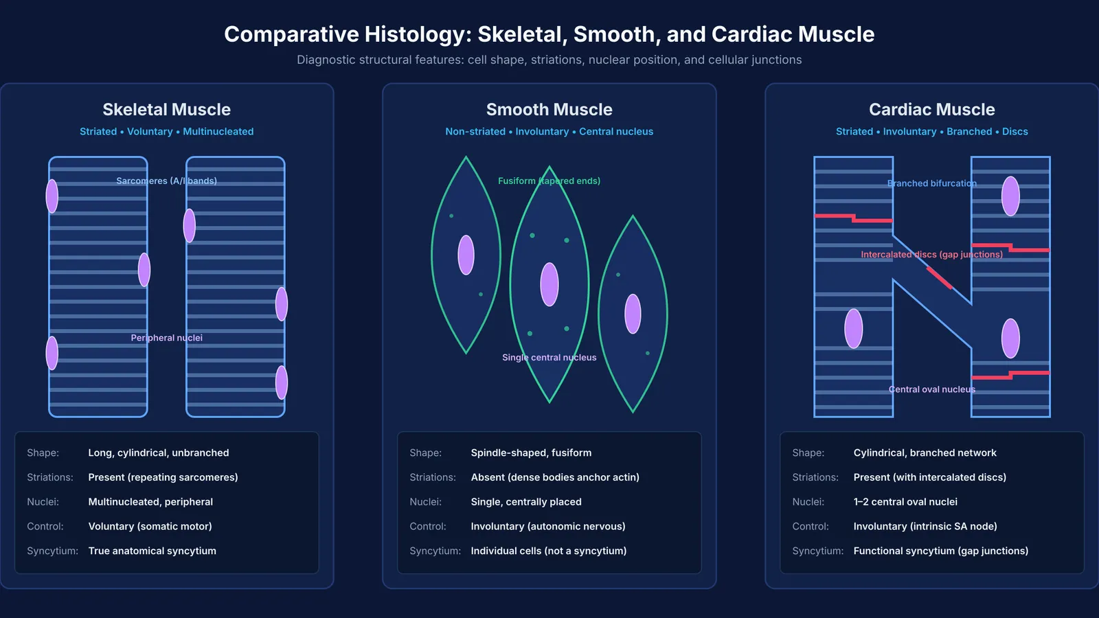 Histological comparison diagram of skeletal, smooth, and cardiac muscle fibers, striations, and nuclei.