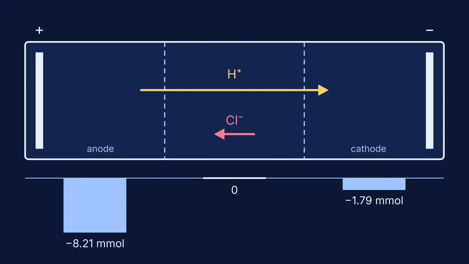Hittorf cell for hydrochloric acid showing unequal ion speeds and compartment losses