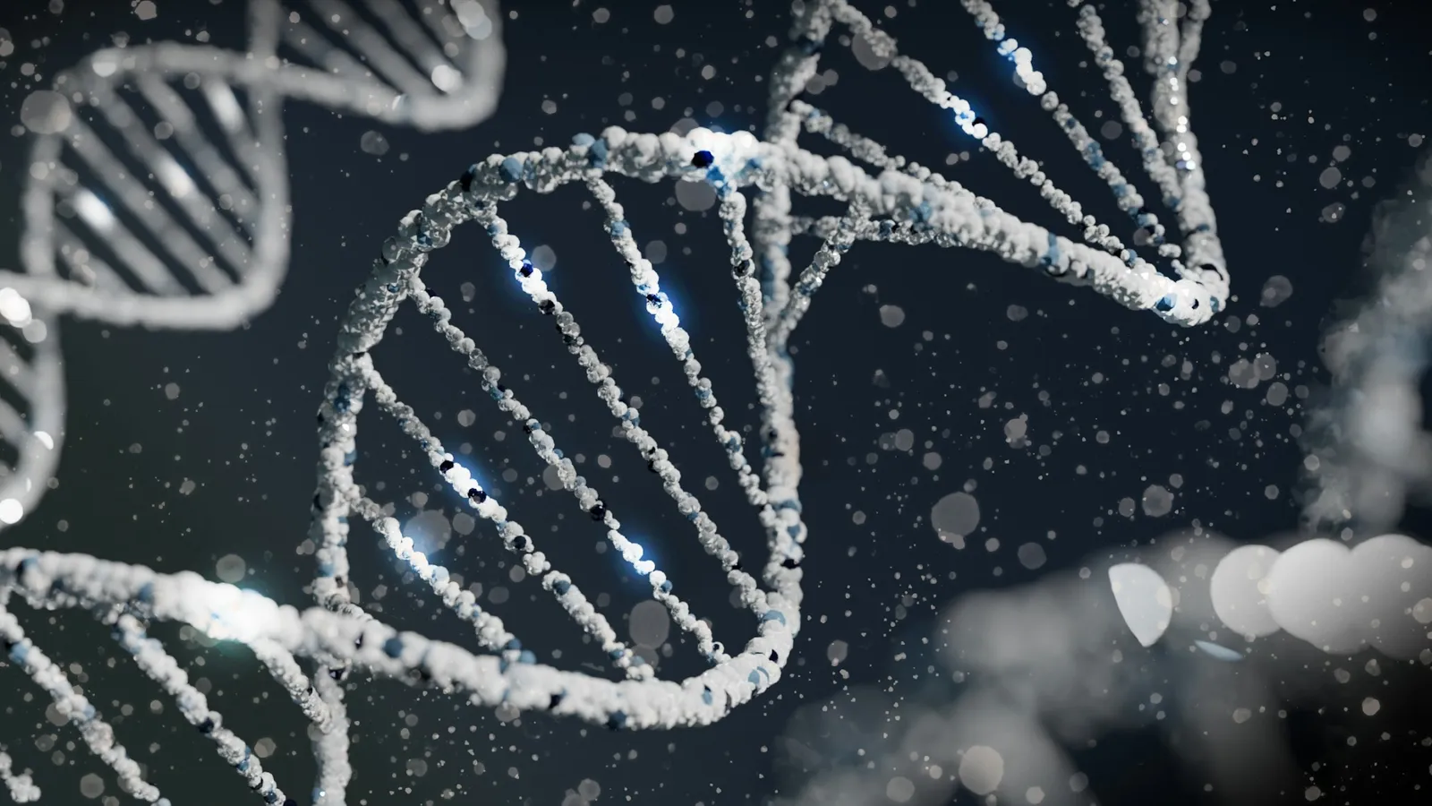 Illustration of DNA double helices against a dark background