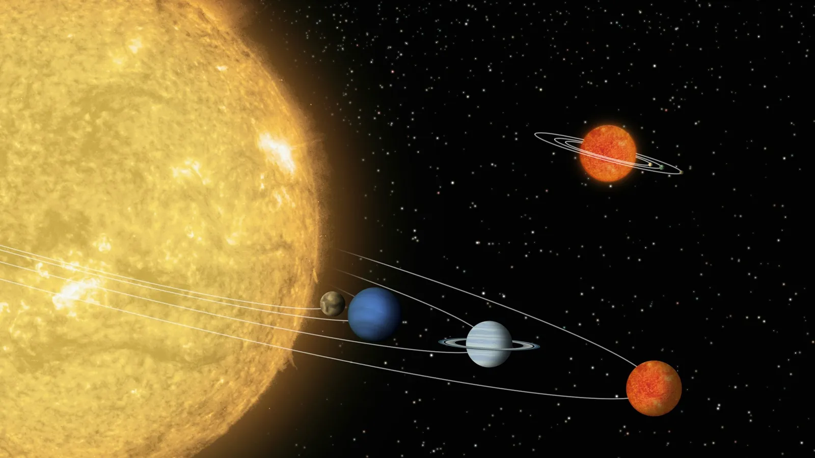 Illustration of planets on drawn orbital paths around a bright star