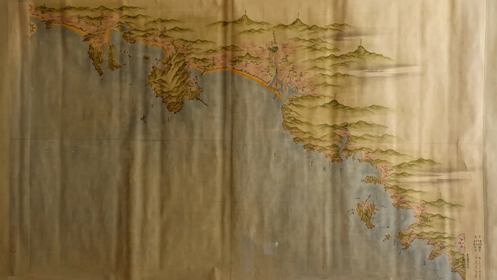 Inō Tadataka's hand-coloured large-scale map of part of Kyushu's coast, on display