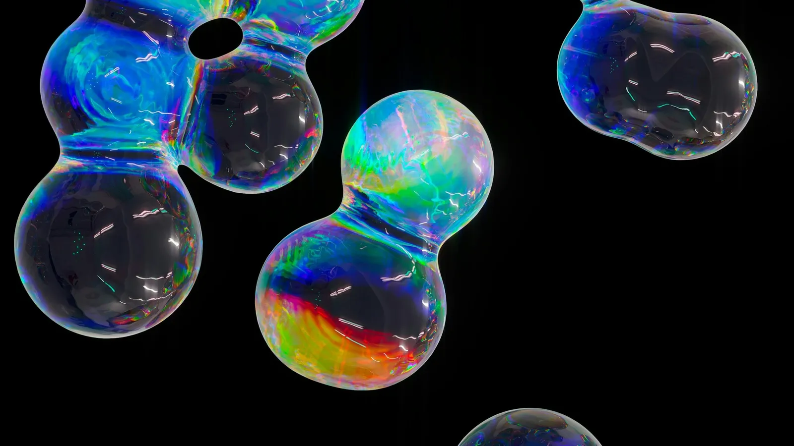 Iridescent bubbles splitting and merging on black