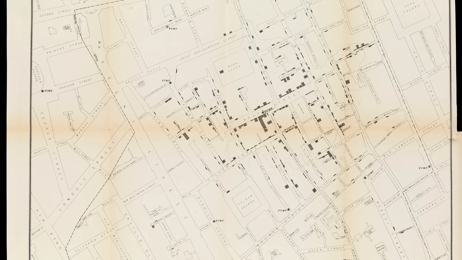 John Snow's 1854 Soho map with cholera deaths clustered around Broad Street pump