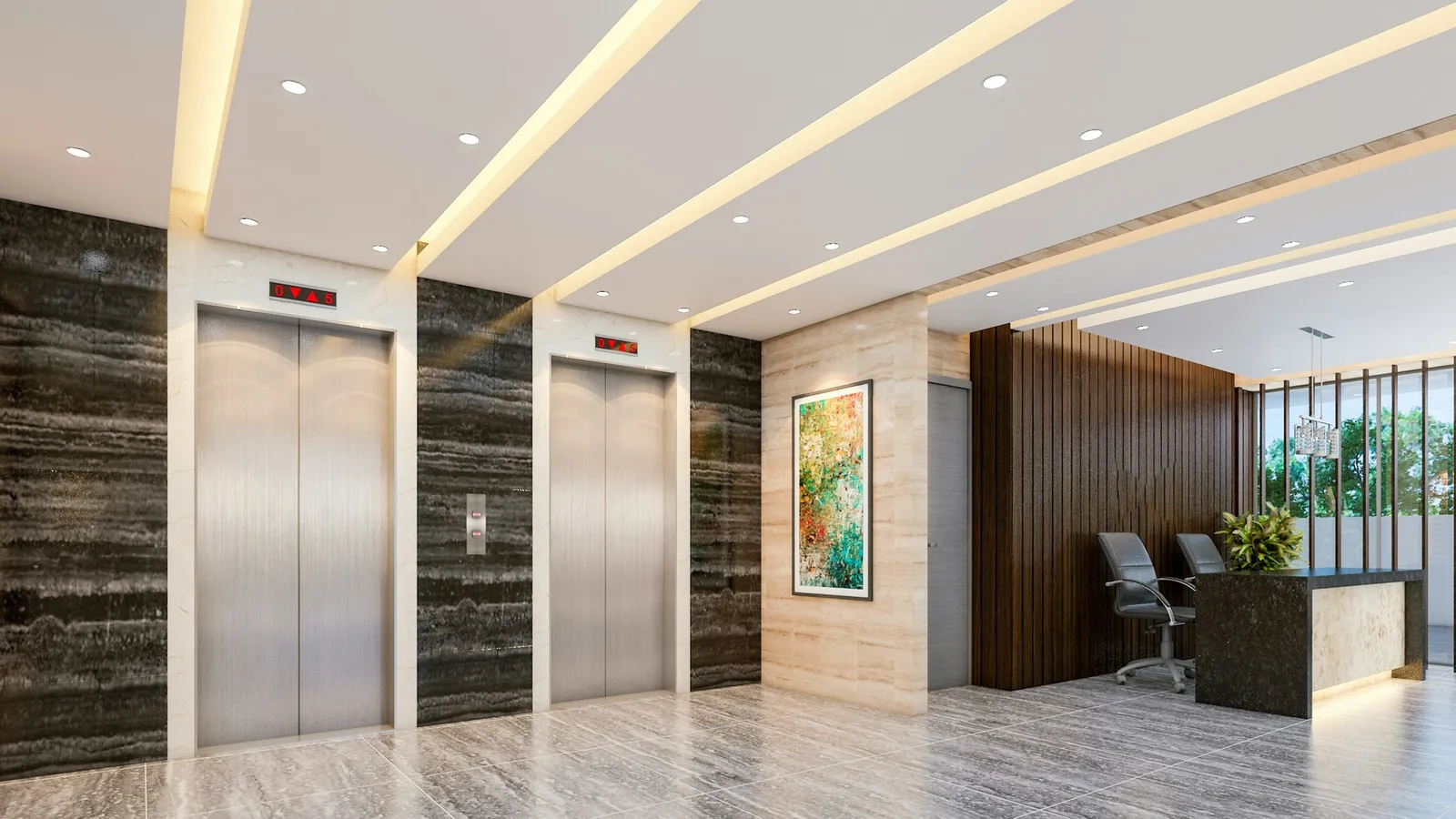 Lift doors in a bright building lobby