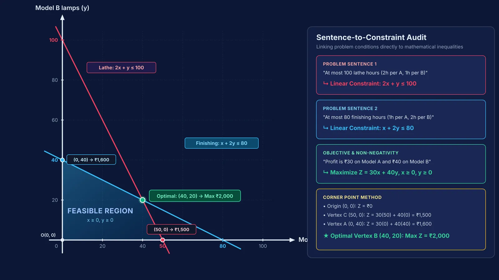 Linear programming feasible region with boundary lines mapped directly to problem sentences