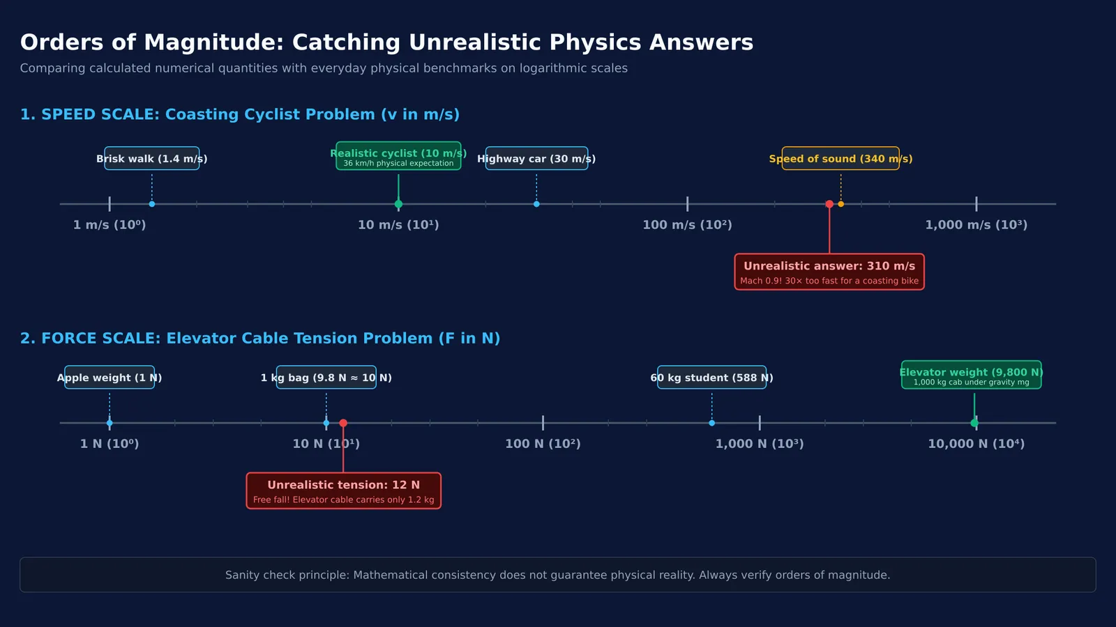Logarithmic scale comparing calculated physics answers to real world speed and force benchmarks