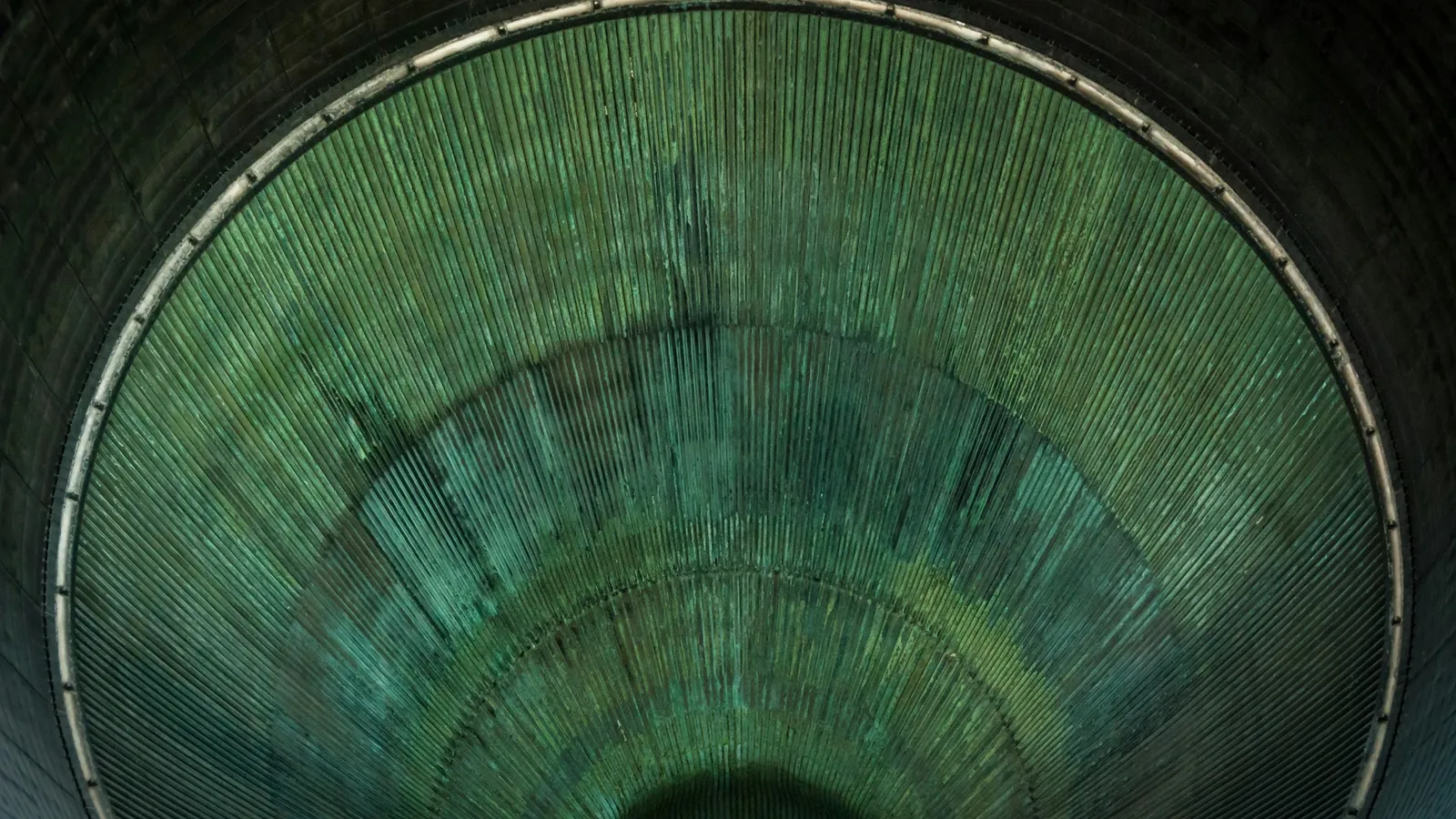Looking into the nozzle of a large rocket engine