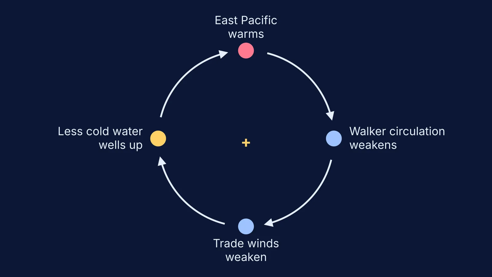 Loop diagram of the Bjerknes feedback linking Pacific warming and trade winds
