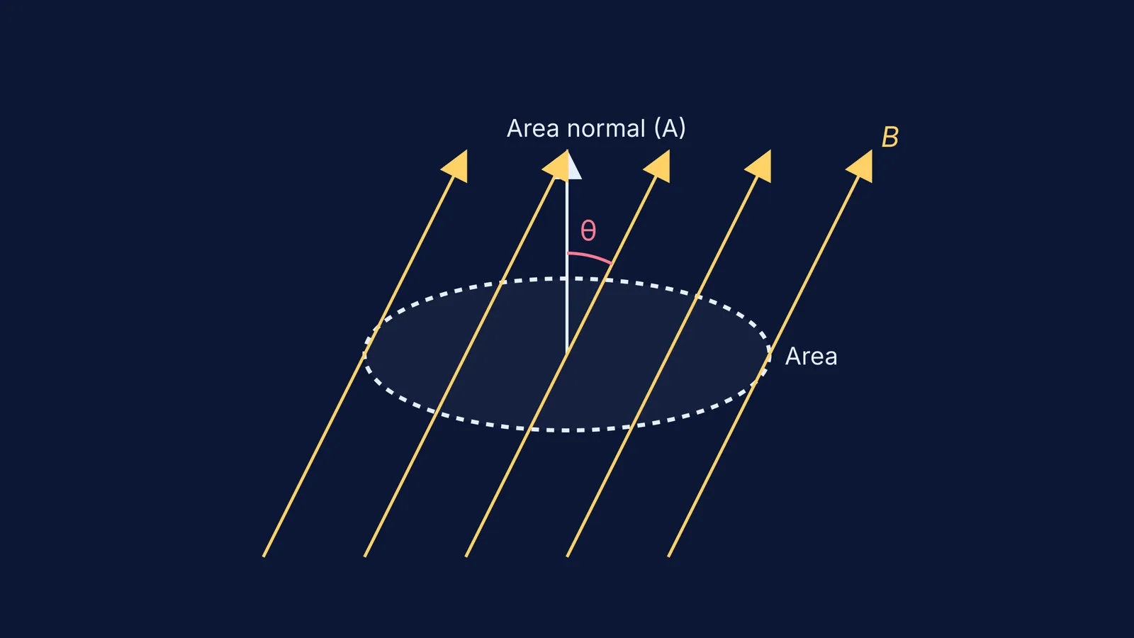 Magnetic field lines passing through a surface area at an angle to the normal.