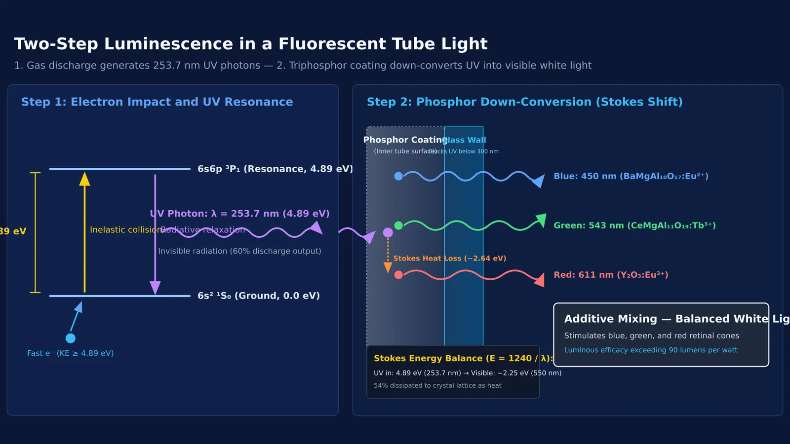 Mercury electron collision emitting ultraviolet radiation down-converted by phosphors to white light