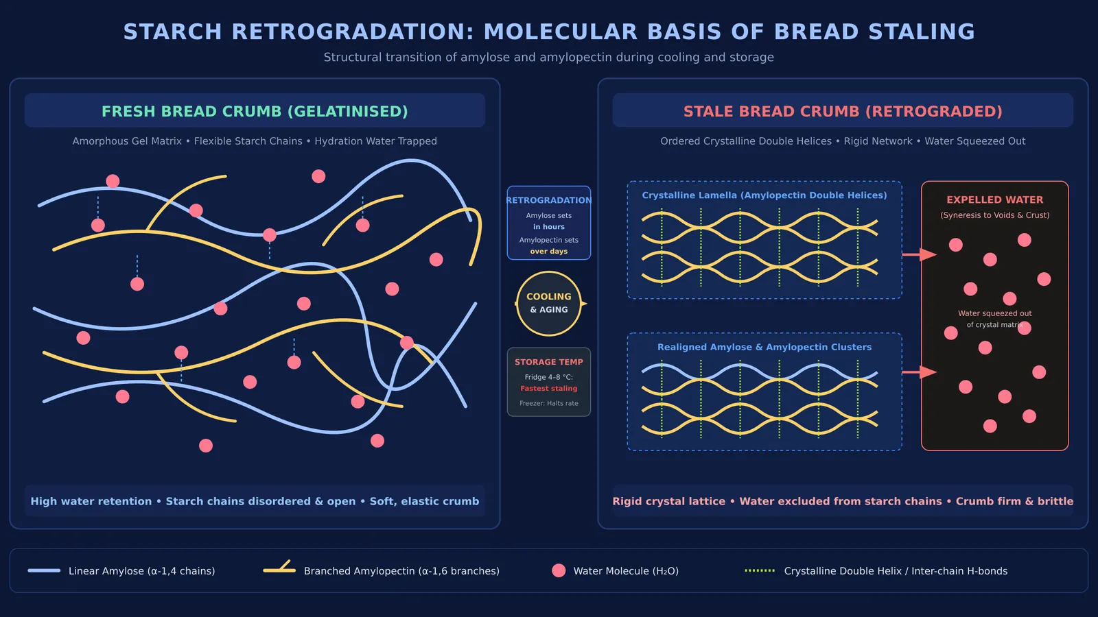 Molecular diagram of starch retrogradation comparing fresh bread to stale bread crumb