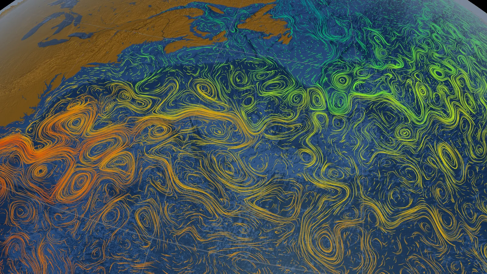 NASA visualisation of North Atlantic surface currents, with the warm Gulf Stream hugging North America's east coast