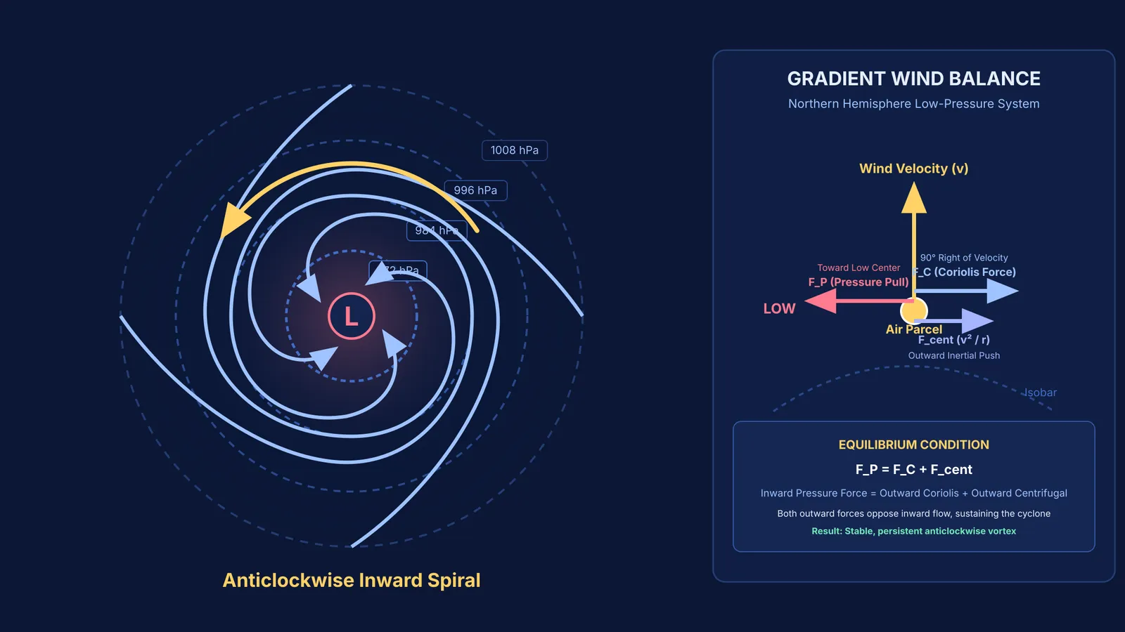 Northern Hemisphere cyclone wind trajectories deflecting rightward into an anticlockwise spiral around low pressure.