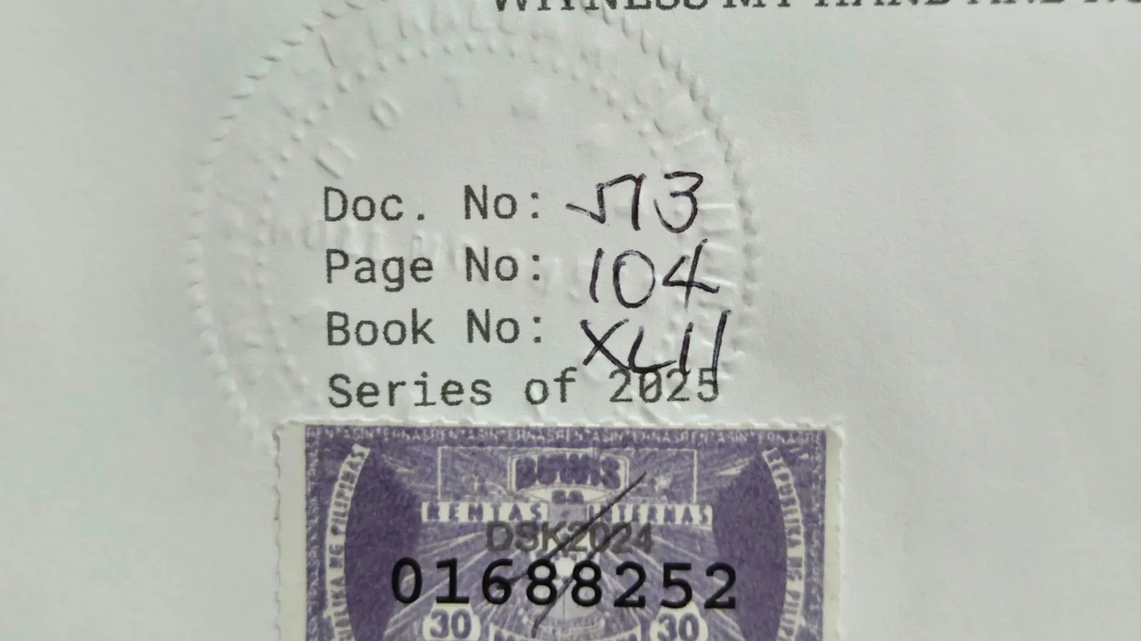 Notarised page with an embossed notary seal, register numbers and a Philippine tax stamp