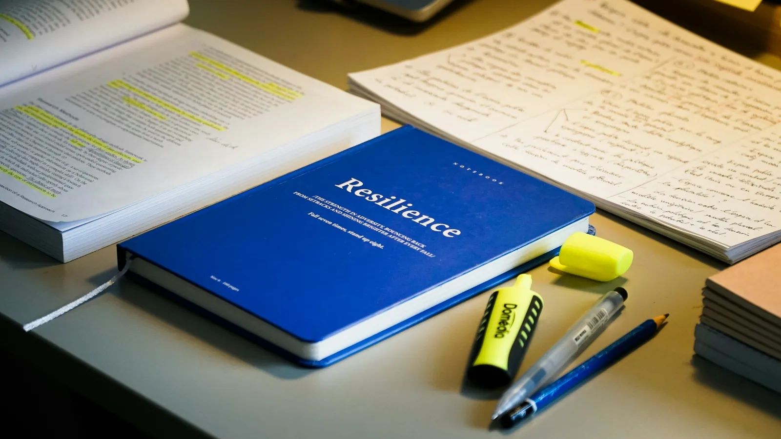 Notes, highlighters and a textbook spread across a desk