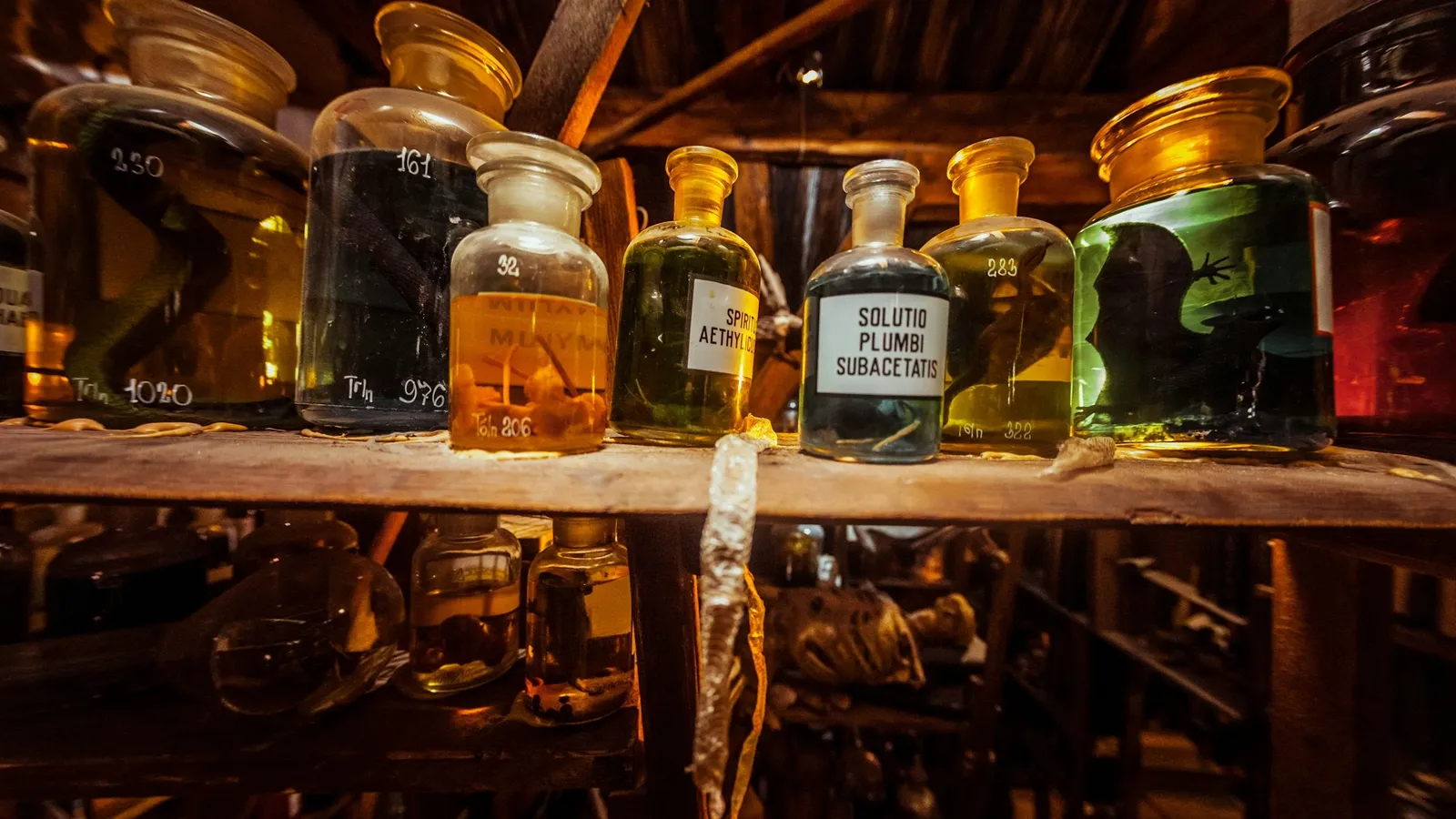 Old glass jars and bottles of coloured liquids on wooden shelves