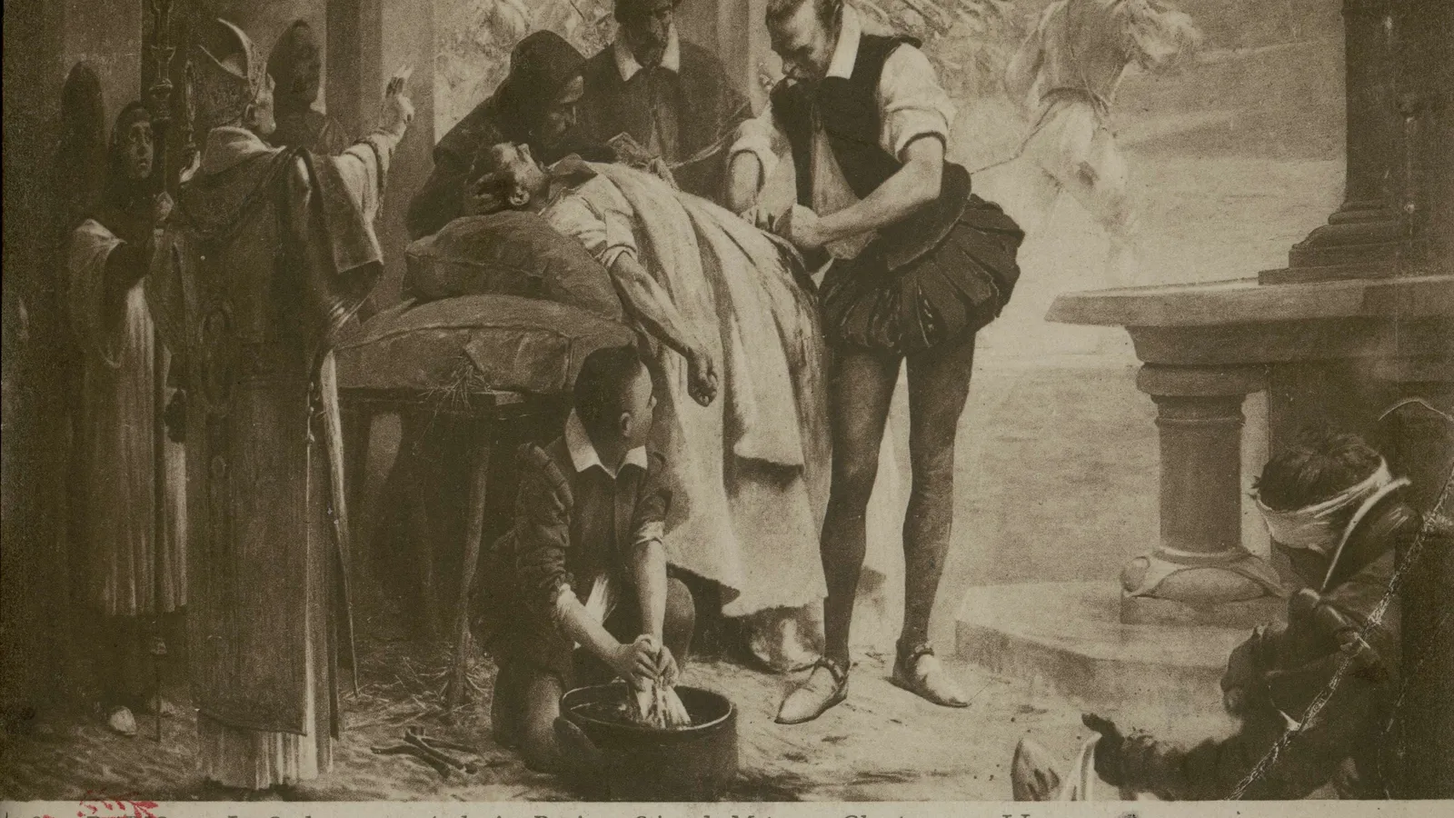 Old postcard of Chartran's painting of Paré treating a wounded man at the siege of Metz