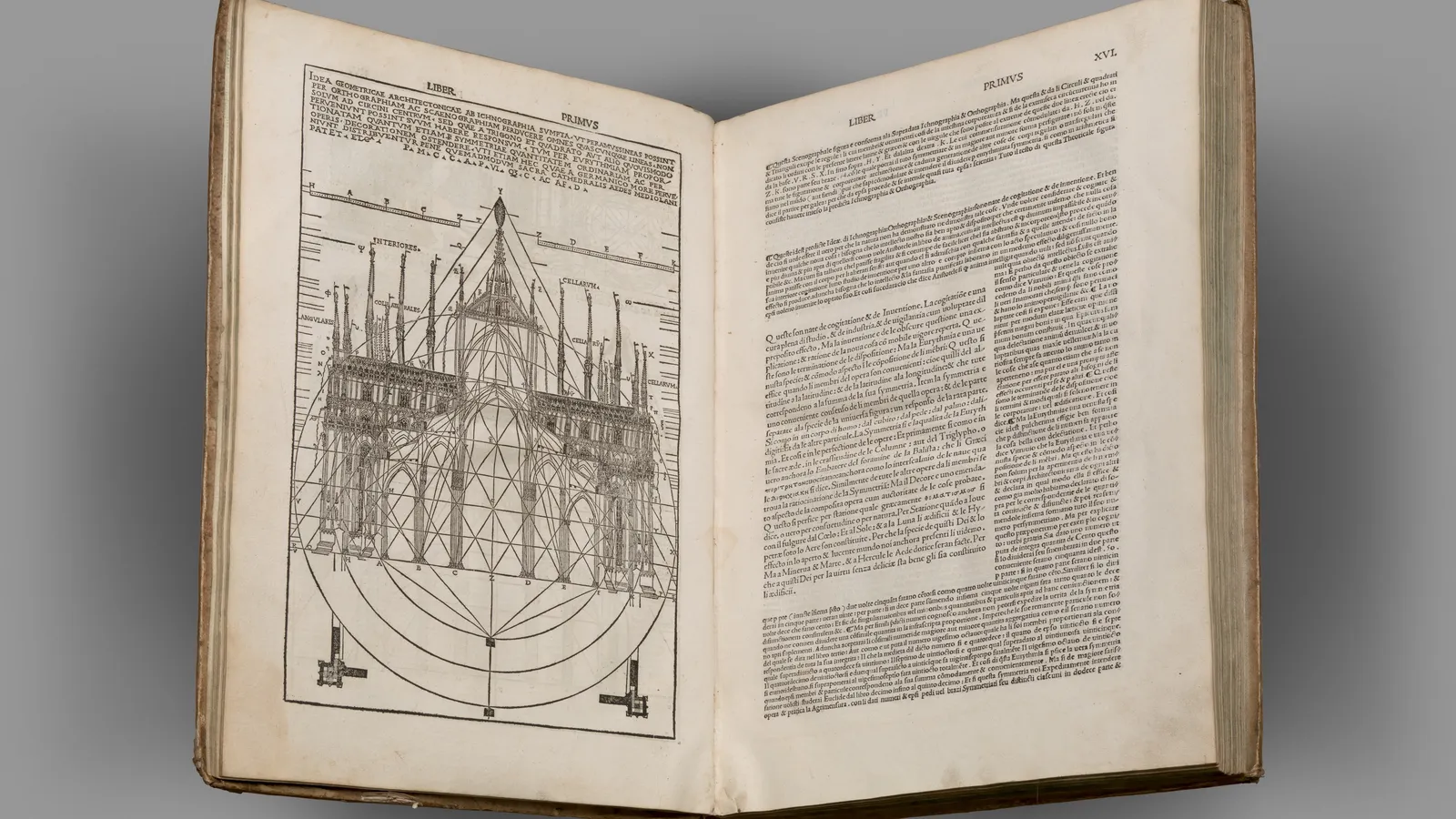 Open 1521 Italian edition of Vitruvius with a woodcut of a cathedral elevation