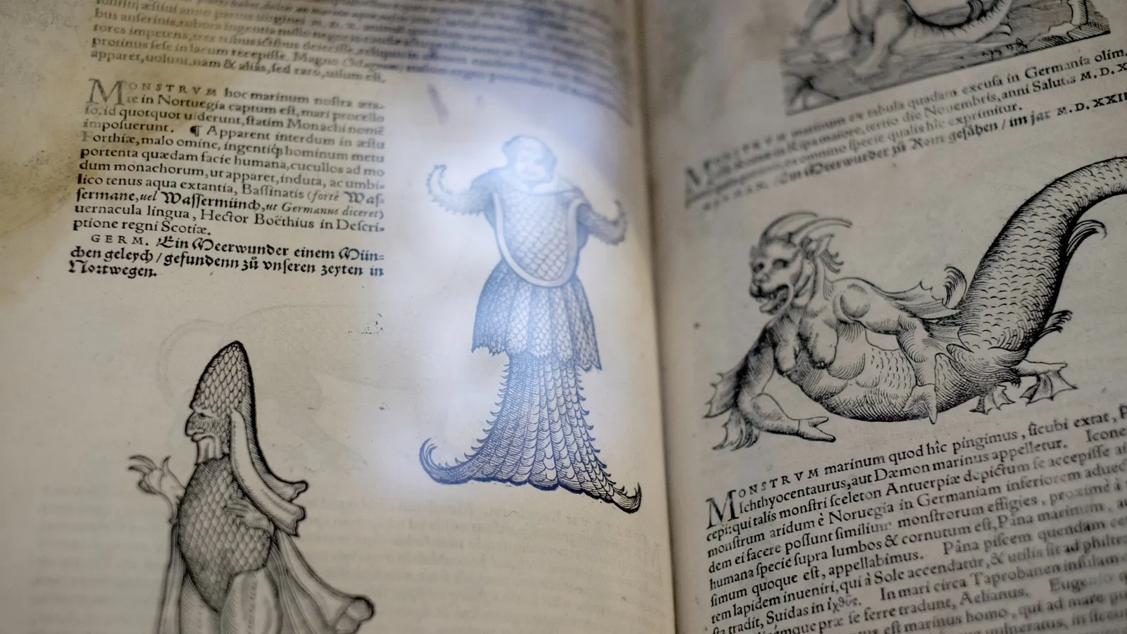 Open 1560 copy of Gessner's Historiae animalium with woodcuts of a sea monk and other sea monsters
