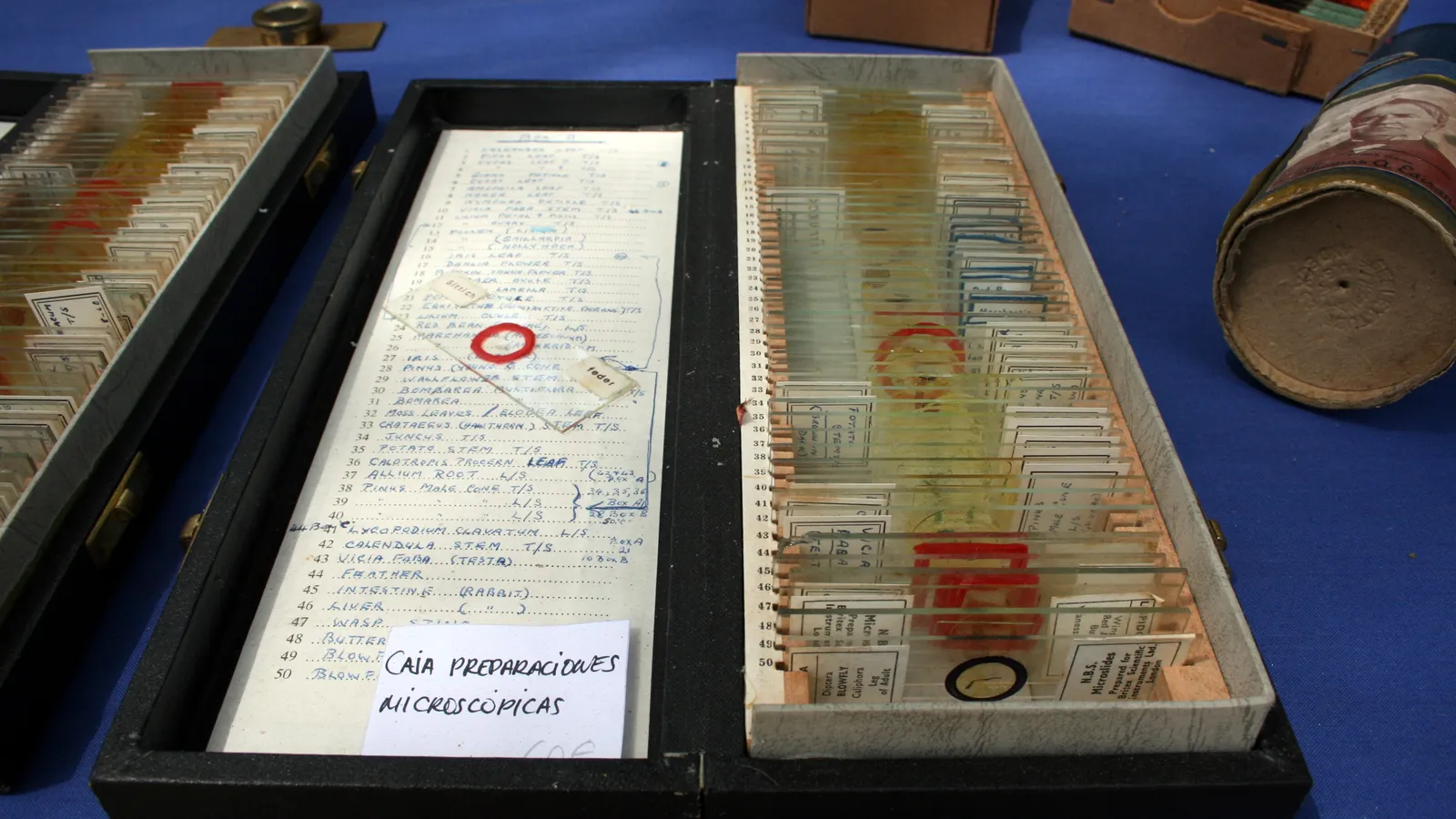Open box of prepared microscope slides beside a handwritten index of sections