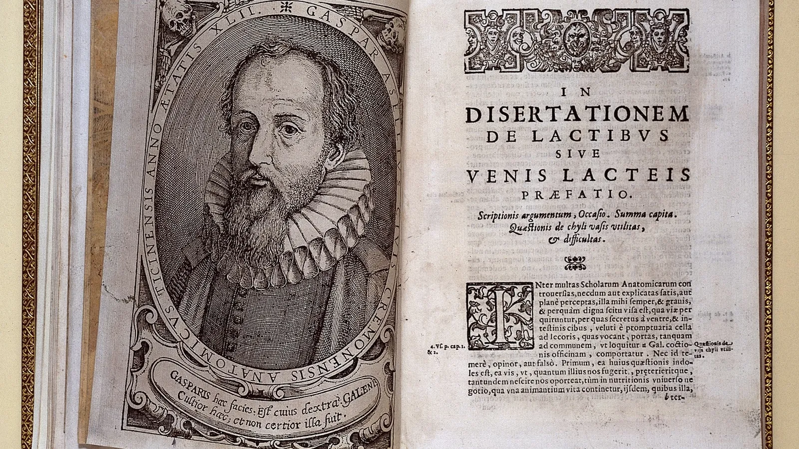 Open copy of De lactibus with an engraved portrait of Gaspare Aselli