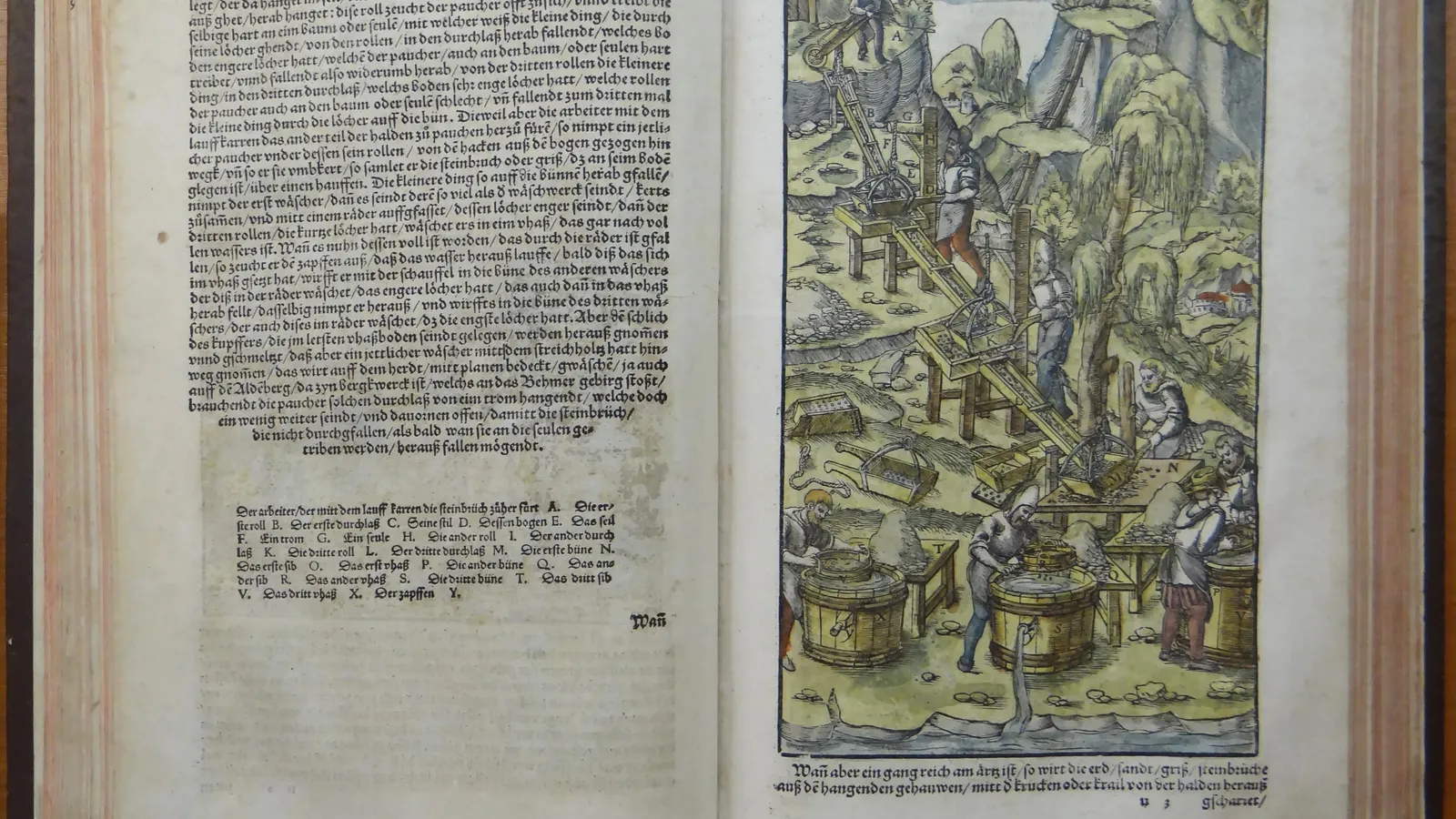 Open early German edition of De re metallica showing a coloured woodcut of ore washing