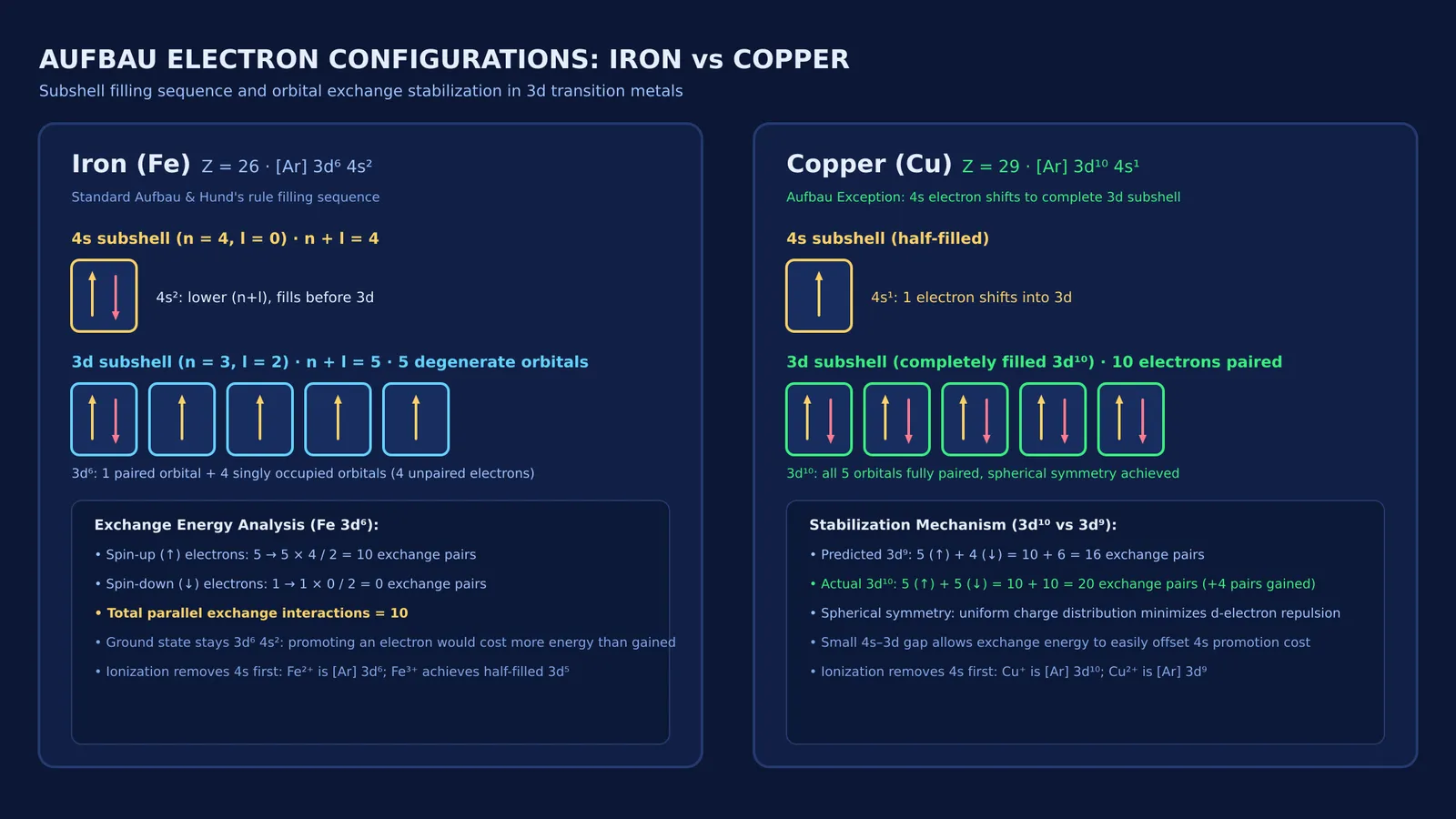 Orbital energy diagram showing Aufbau electron configurations and spin pairings of iron and copper