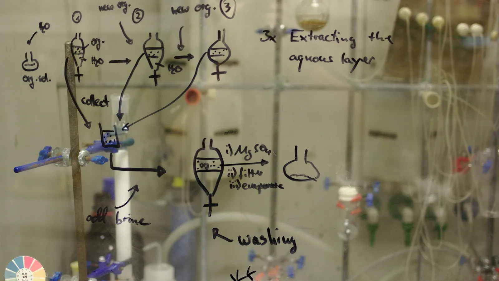 Organic chemistry structures sketched on a glass board in a lab