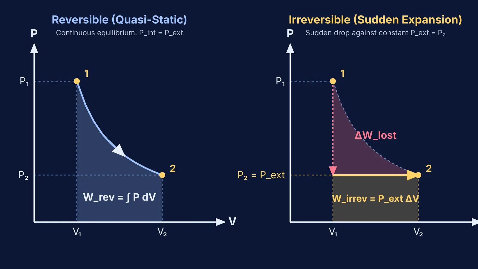 P-V indicator diagrams comparing work in reversible quasi-static and irreversible sudden expansion