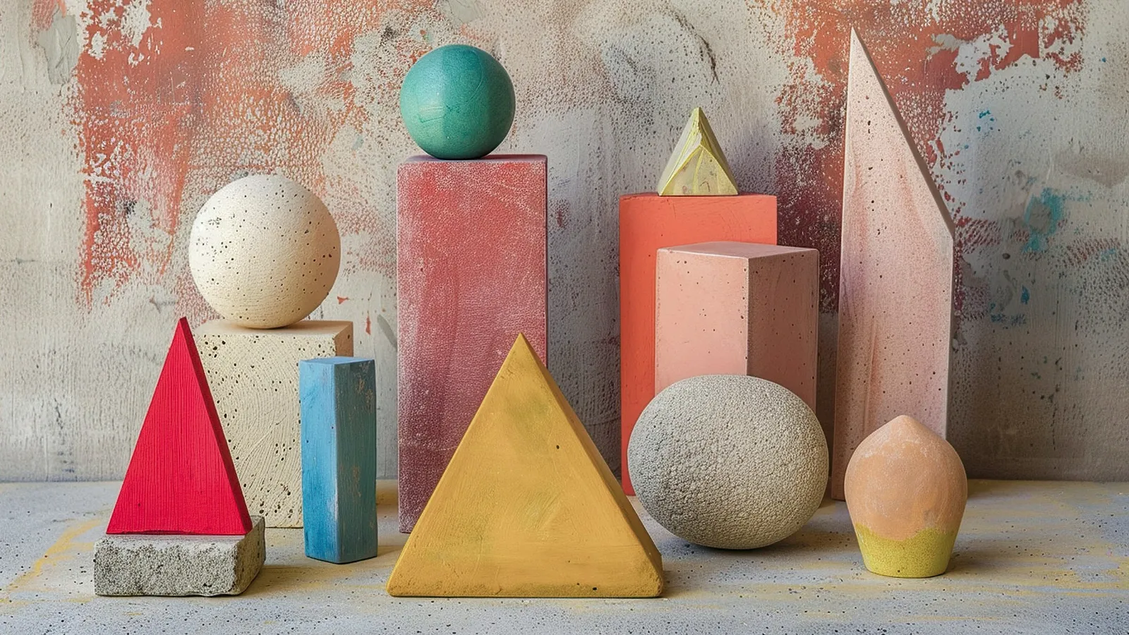 Painted geometric solids including cones, spheres, cubes and prisms