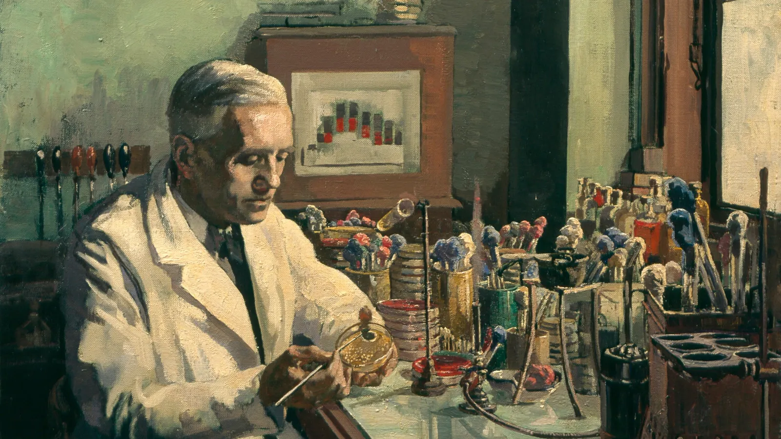Painting of Alexander Fleming in a white coat examining a culture plate