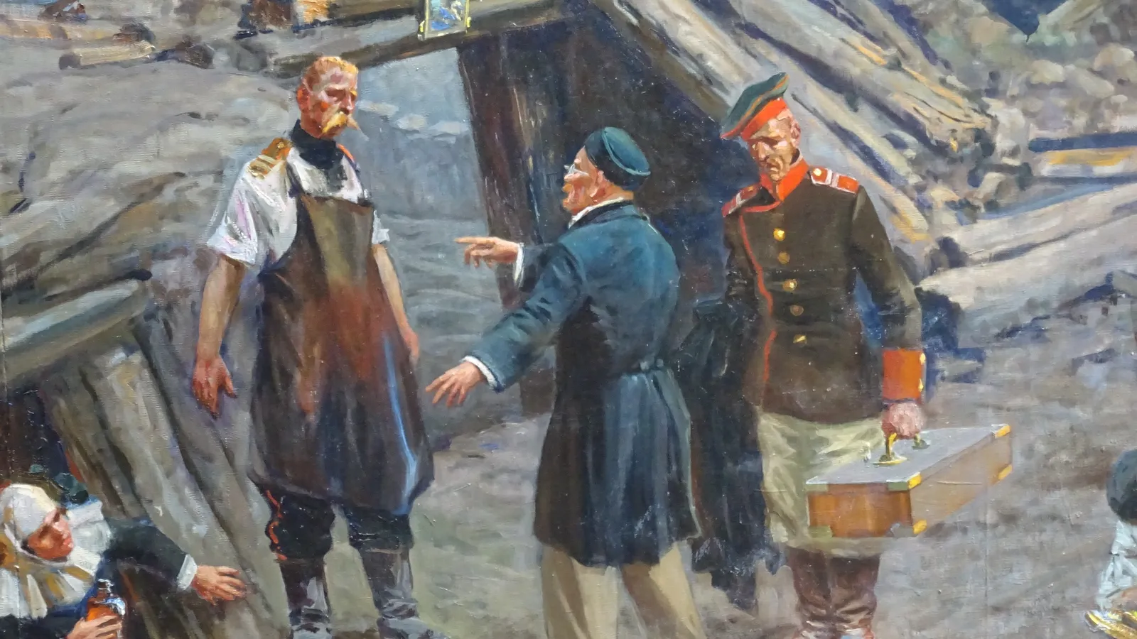 Panorama painting of surgeon Pirogov directing army medics outside a Sevastopol dugout