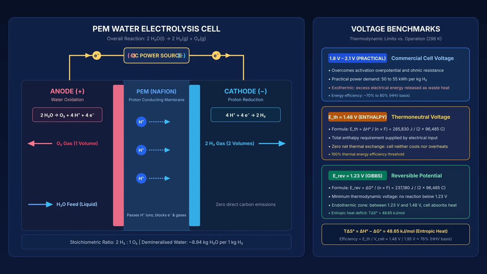 PEM water electrolysis cell architecture, half-reactions, and thermodynamic voltage benchmarks