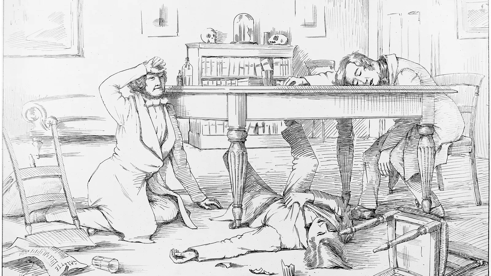 Pen-and-ink drawing of Simpson and two friends collapsed around a table after testing chloroform