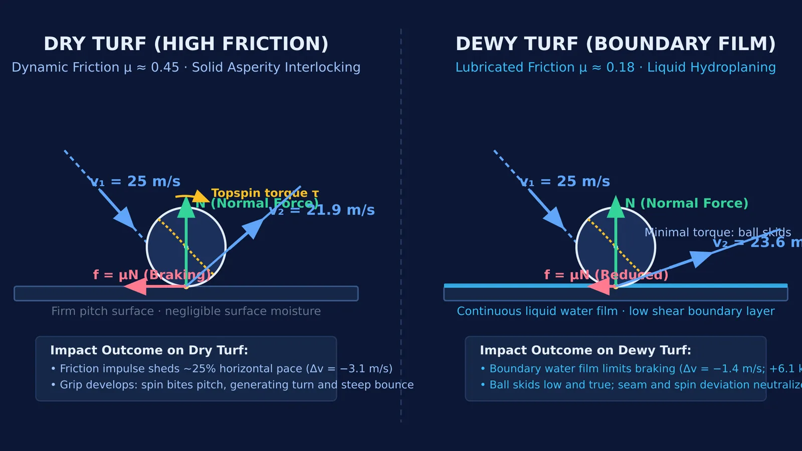 Physics diagram comparing cricket ball impact, friction vectors, and rebound on dry versus dewy turf