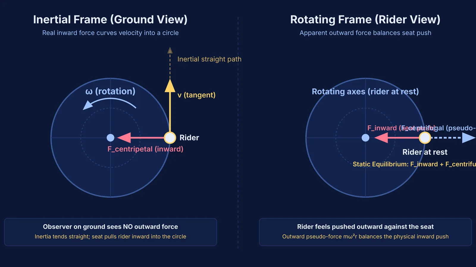 Physics diagram comparing merry-go-round forces in inertial and rotating reference frames