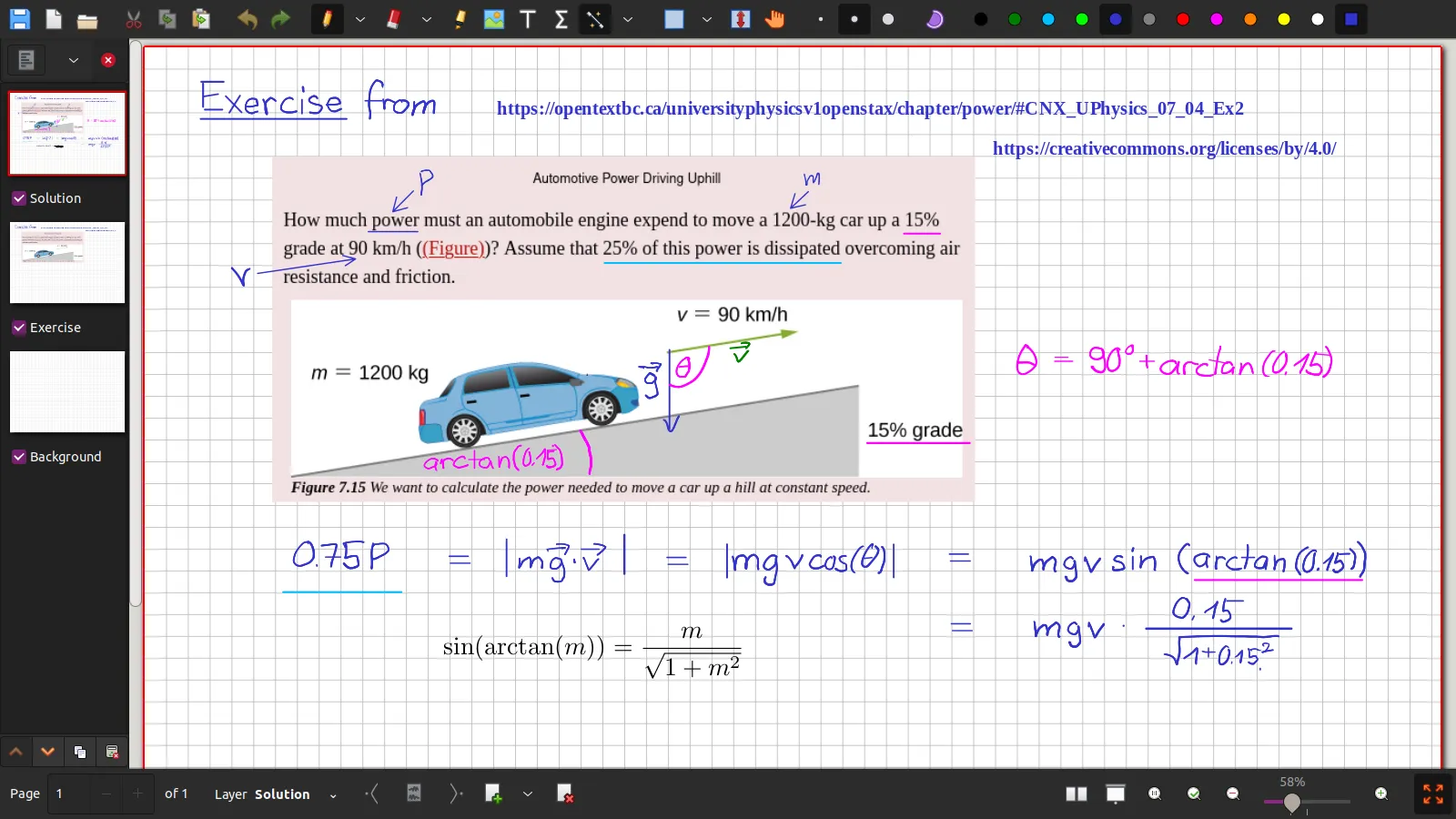 Physics textbook exercise on a digital page annotated with handwritten arrows, labels and working