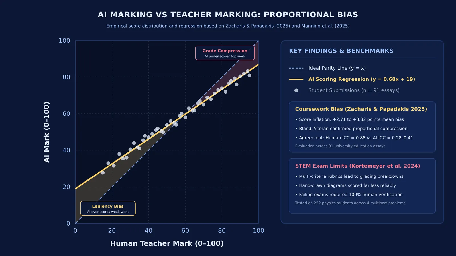 Plot comparing AI marking against teacher scores showing leniency bias and grade compression