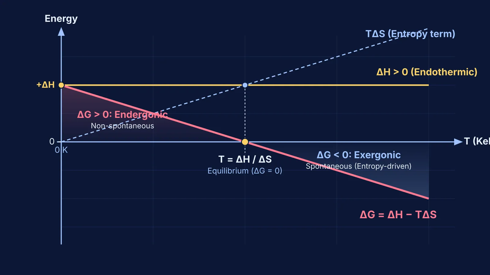 Plot of Gibbs free energy and enthalpy versus temperature for an endothermic reaction