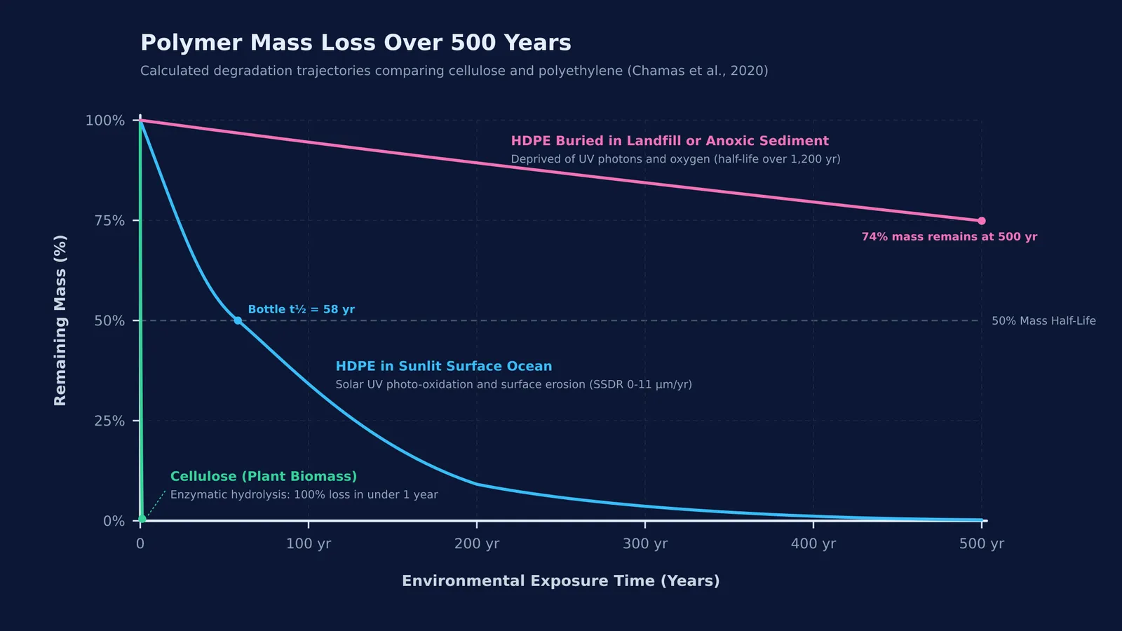 Polymer mass loss trajectories over 500 years comparing cellulose and high-density polyethylene.