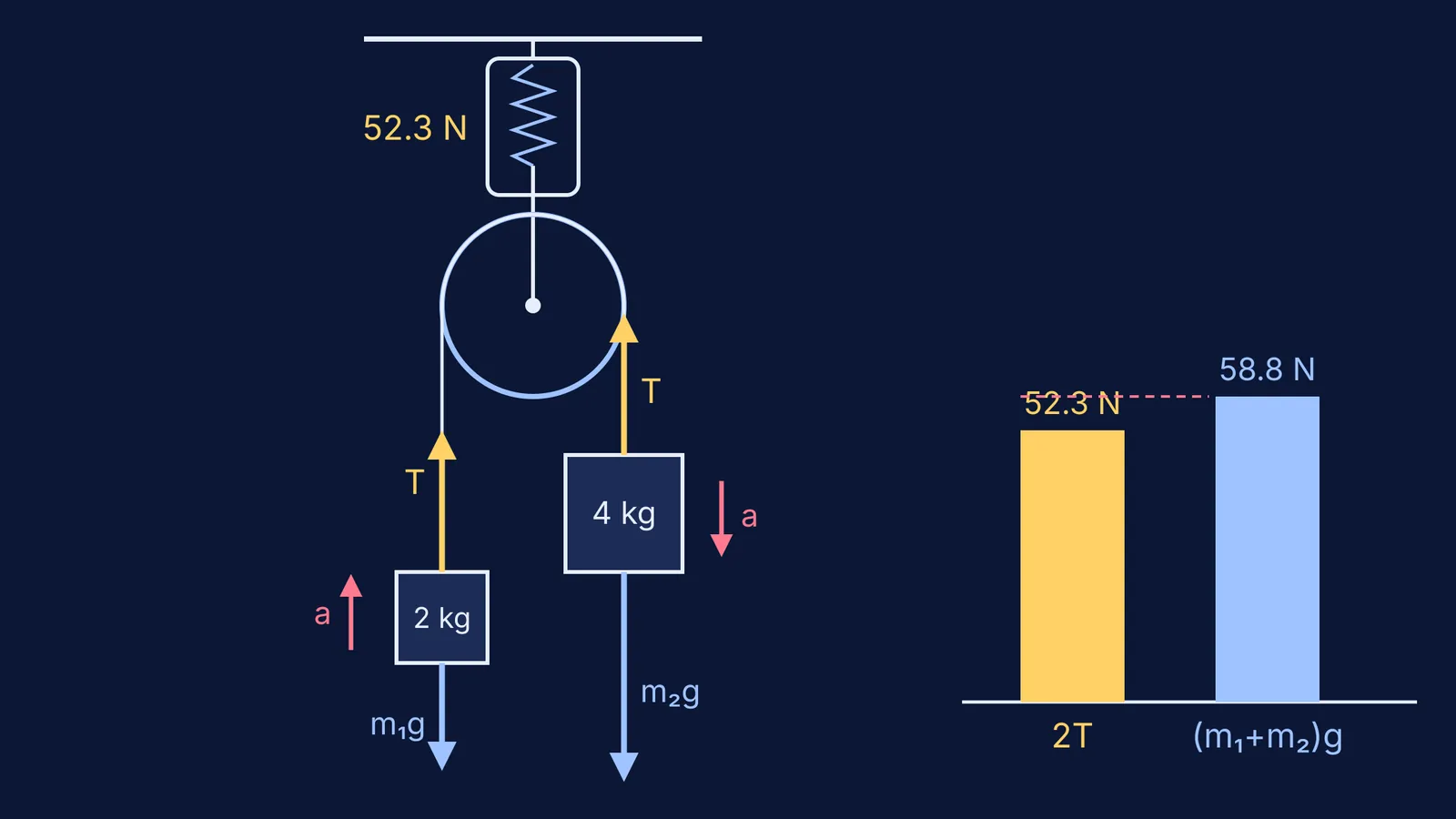 Pulley on a spring balance with 2 kg and 4 kg blocks, and reading-versus-weight bars