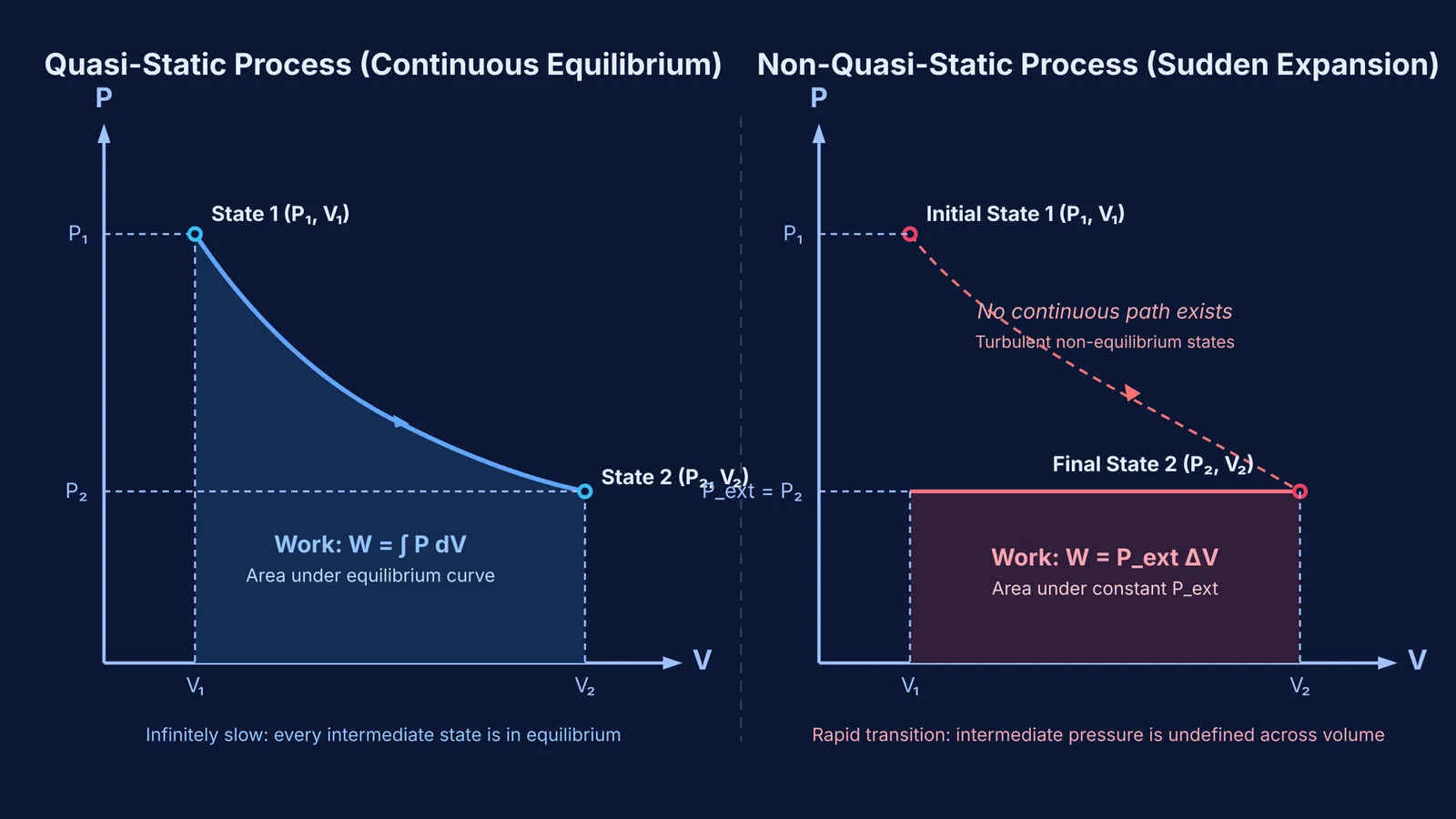 PV diagrams comparing quasi-static equilibrium expansion with sudden non-equilibrium expansion
